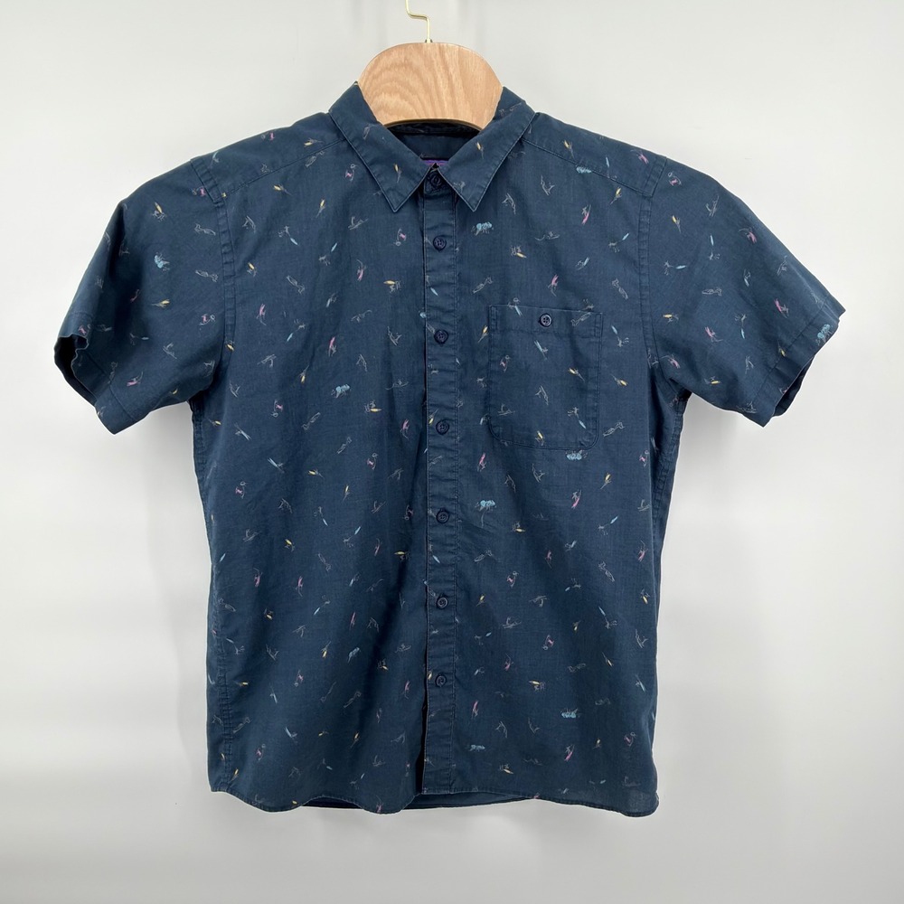 Patagonia Button Front Shirt Mens Large Navy Blue Fly Fishing Lure Print
